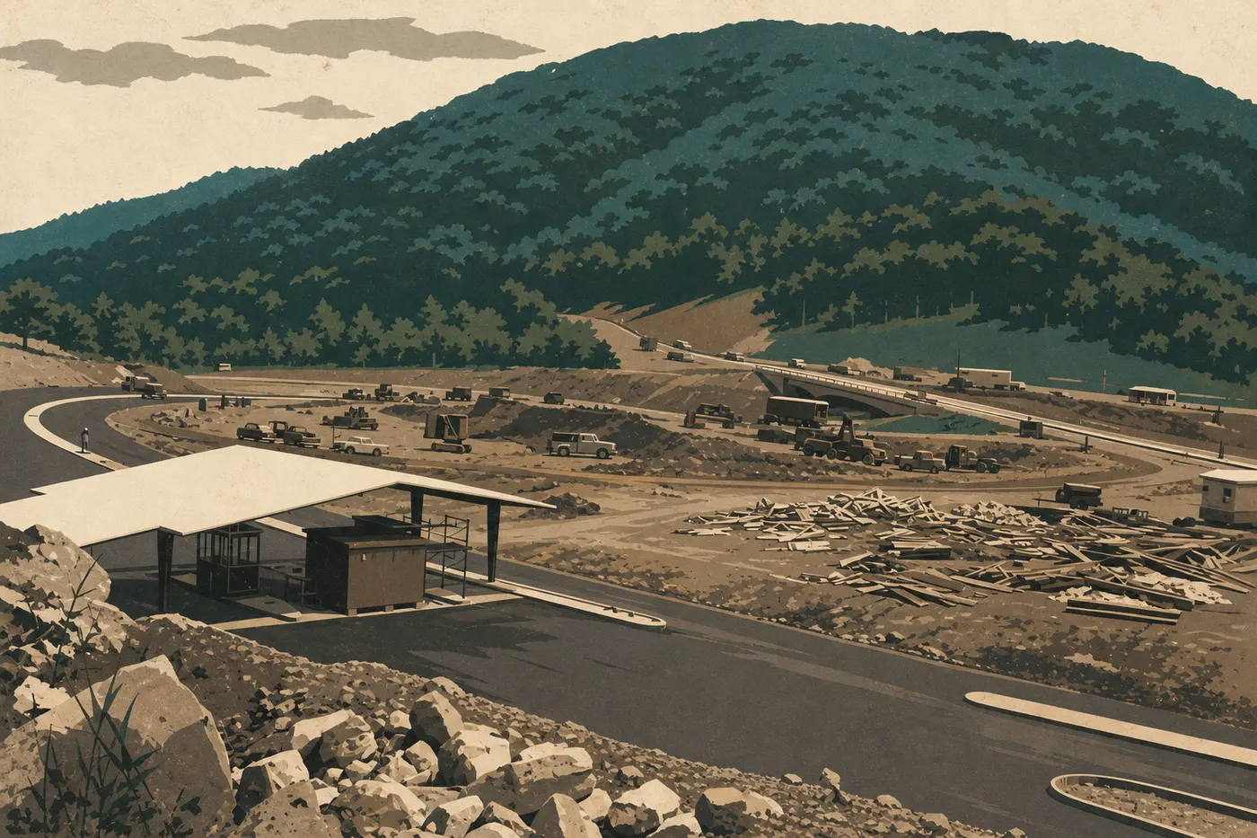 Illustration sérigraphiée : Portique de l'entrée Front Royal ouvrant la Skyline Drive au pied des premières crêtes boisées