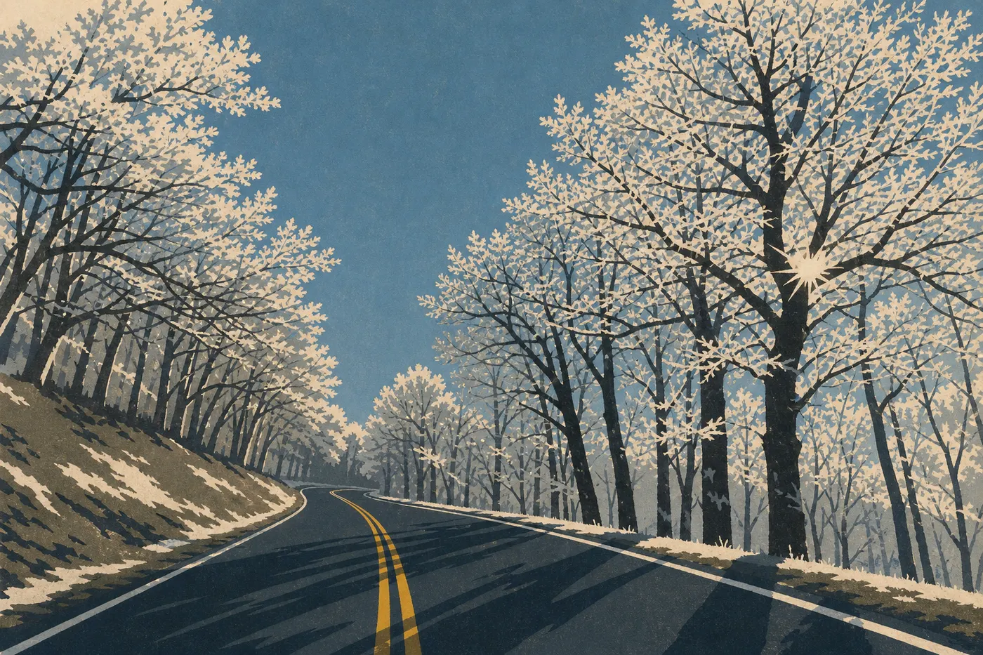 Illustration sérigraphiée : Skyline Drive bordée d'arbres givrés sous un ciel hivernal froid au sommet des Blue Ridge