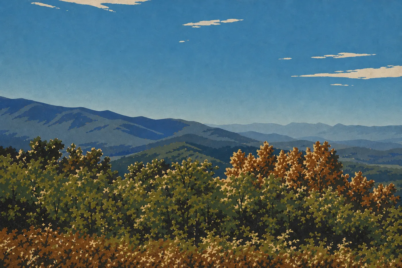 Illustration sérigraphiée : Panorama depuis Hawksbill Summit sur les crêtes boisées successives des Blue Ridge Mountains au soleil levant
