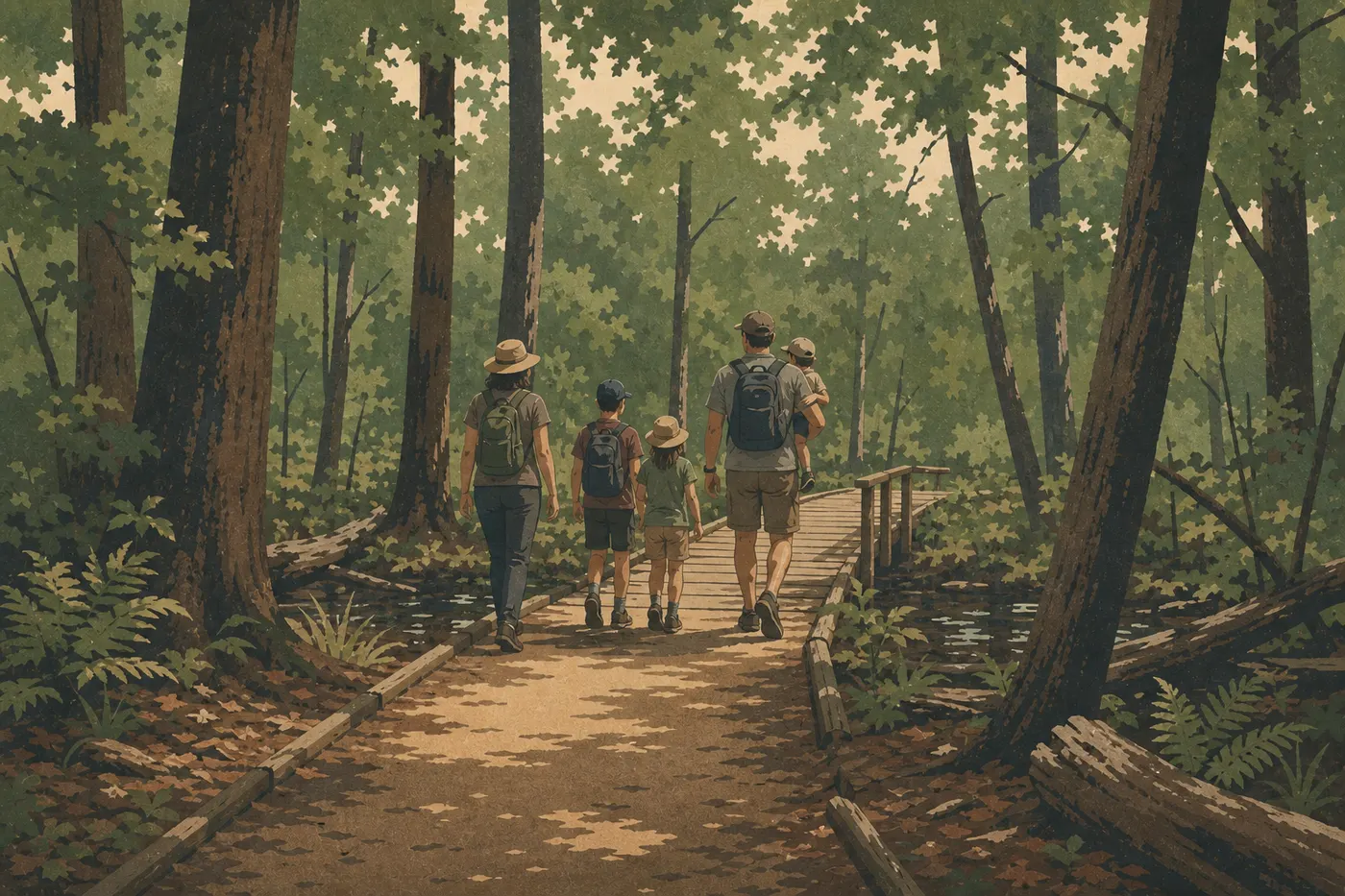 Illustration sérigraphiée : Famille parcourant le sentier accessible de Limberlost entre passerelles, fougères et grands arbres de la forêt