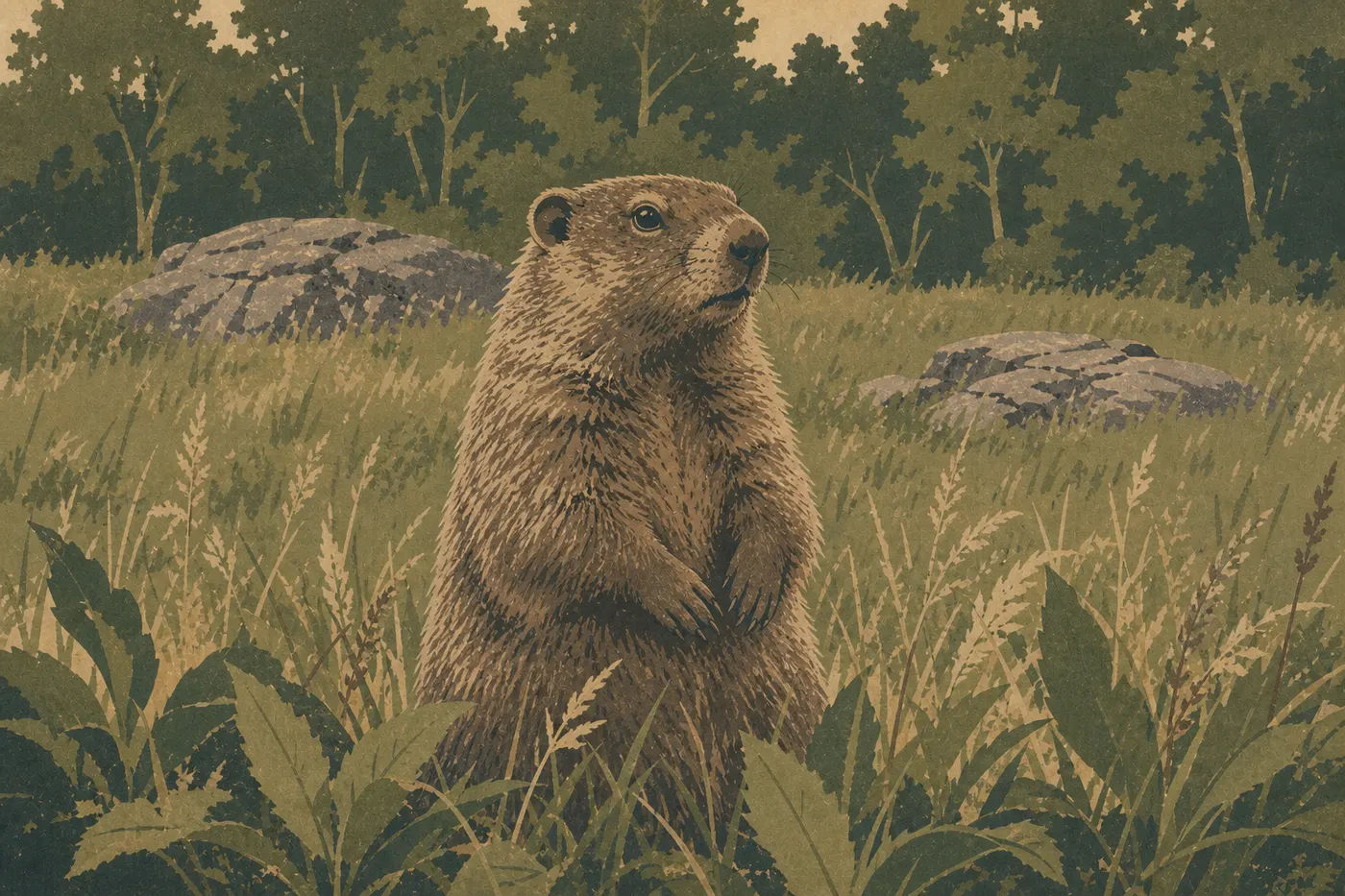 Illustration sérigraphiée : Marmotte commune dressée dans l'herbe de Big Meadows près des affleurements rocheux et de la forêt