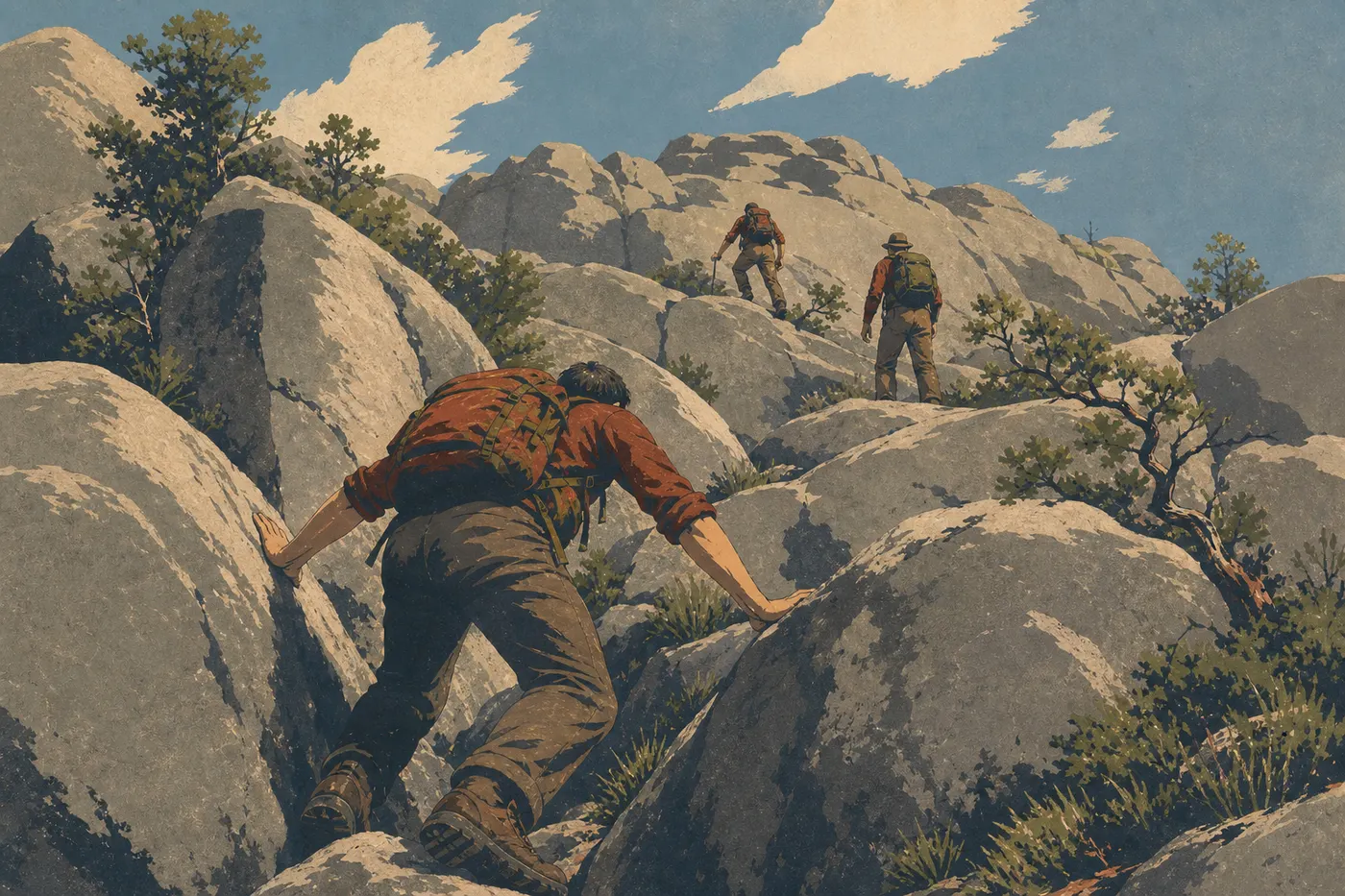 Illustration sérigraphiée : Randonneurs franchissant les blocs de granite du rock scramble sous le sommet dénudé d'Old Rag Mountain