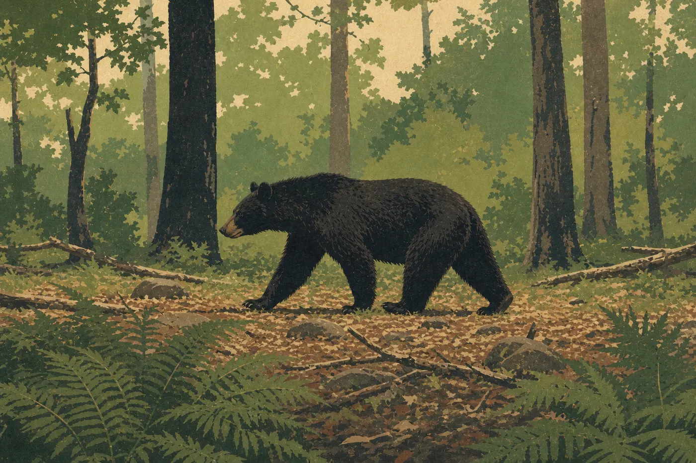 Illustration sérigraphiée : Ours noir traversant une clairière forestière de Shenandoah parmi les fougères et les troncs feuillus