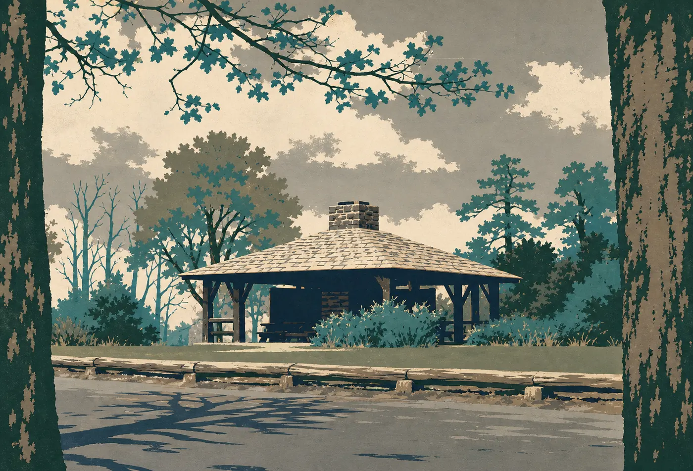 Illustration sérigraphiée : Tables et pavillon de pierre du Pinnacles Picnic Ground entourés par la forêt de montagne