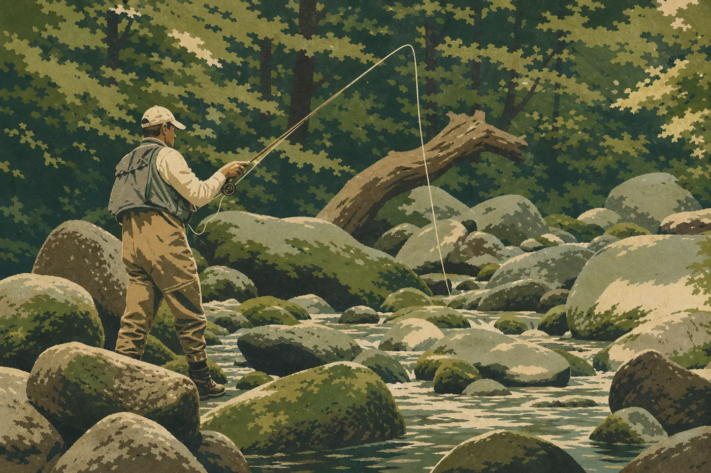 Illustration sérigraphiée : Pêcheur à la mouche dans la Rapidan River parmi rochers moussus et eaux fraîches forestières