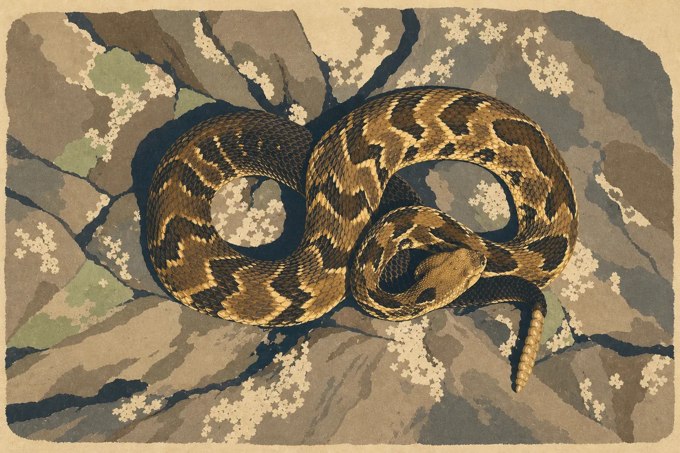 Illustration sérigraphiée : Crotale des bois lové sur un affleurement rocheux, montrant clairement tête triangulaire et sonnette