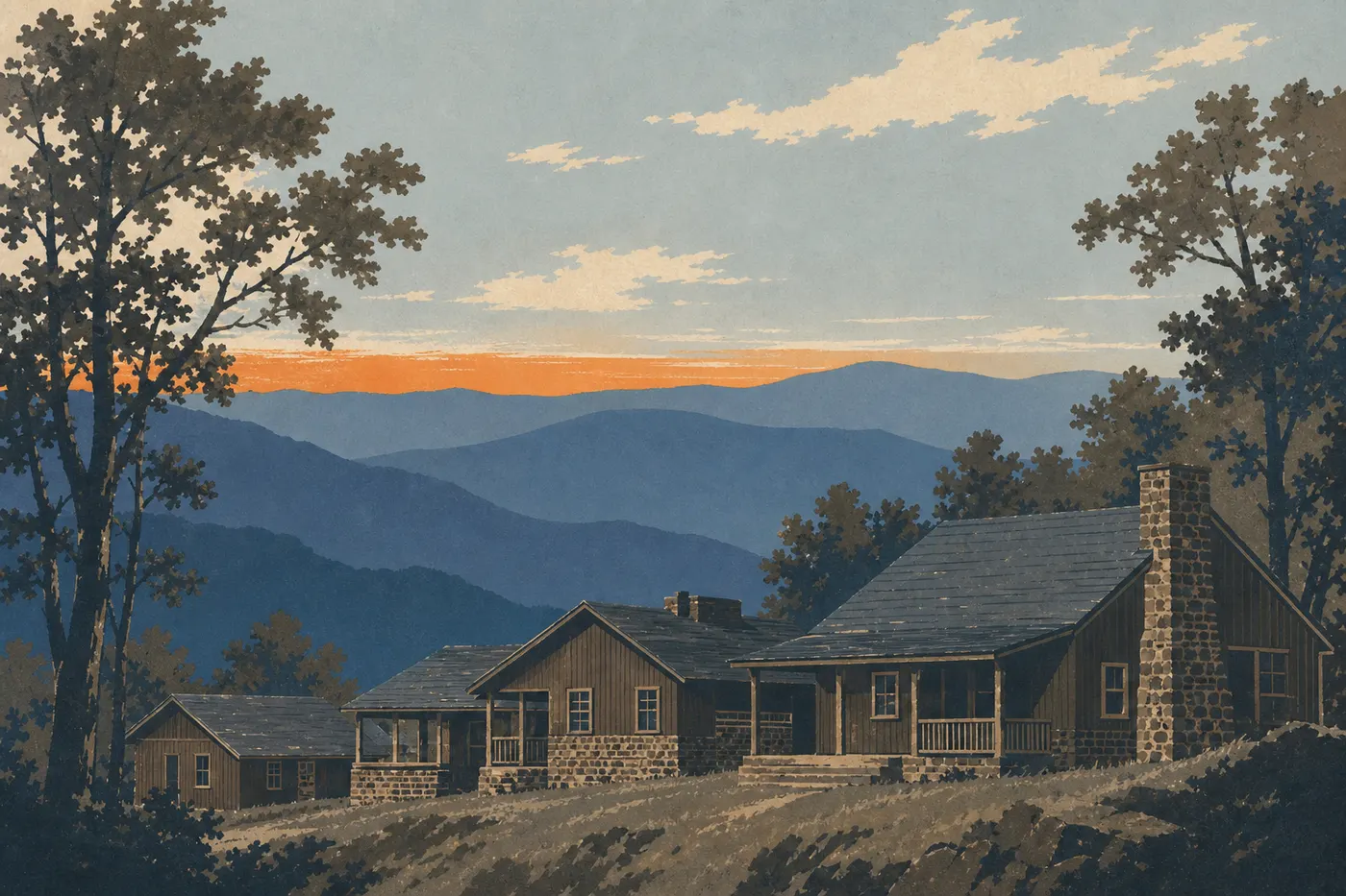 Illustration sérigraphiée : Bâtiments rustiques de Skyland installés sur la crête avec vaste panorama occidental au coucher du soleil