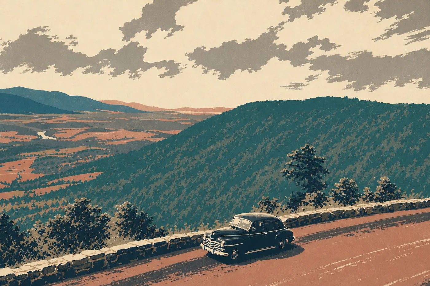 Illustration sérigraphiée : Automobile suivant les courbes de Skyline Drive entre murets de pierre et crêtes bleutées du parc