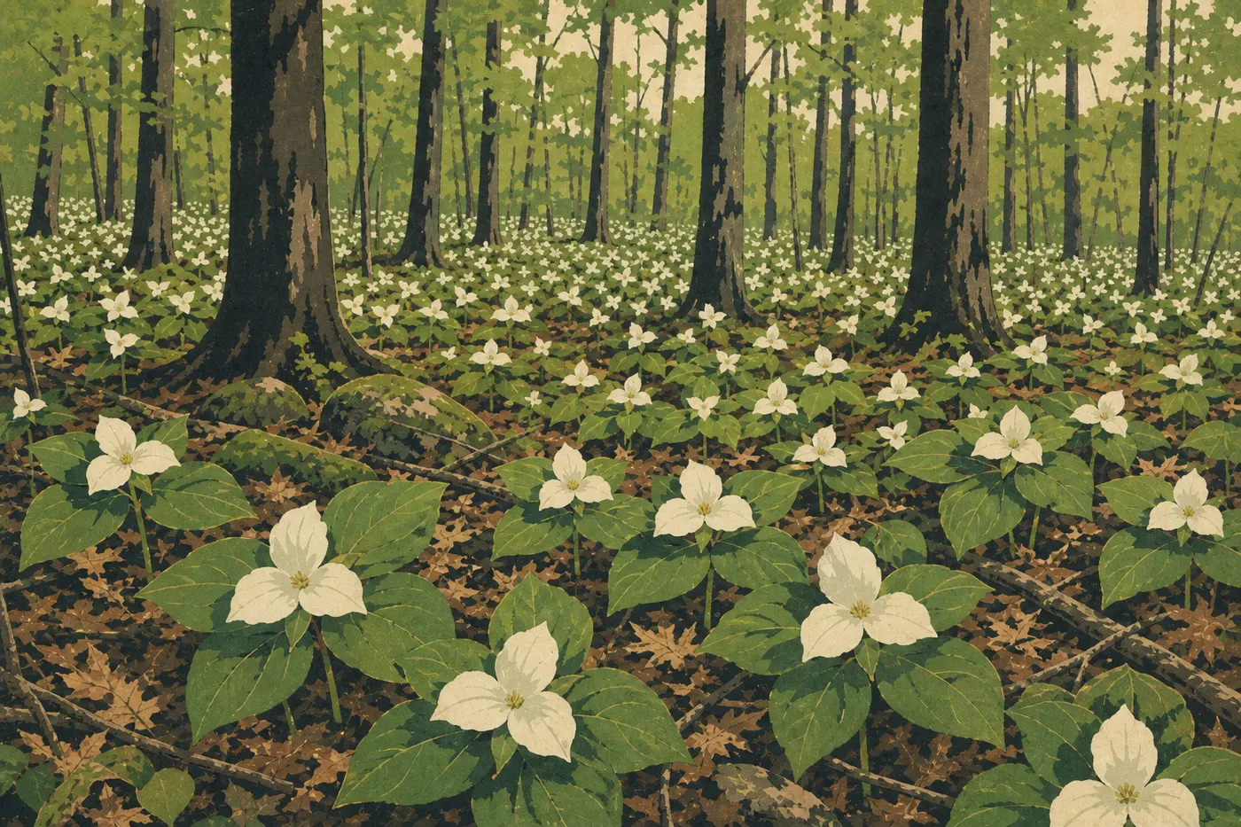 Screen-printed illustration: Carpet of blooming white trilliums beneath the young green canopy of a Shenandoah forest in spring.