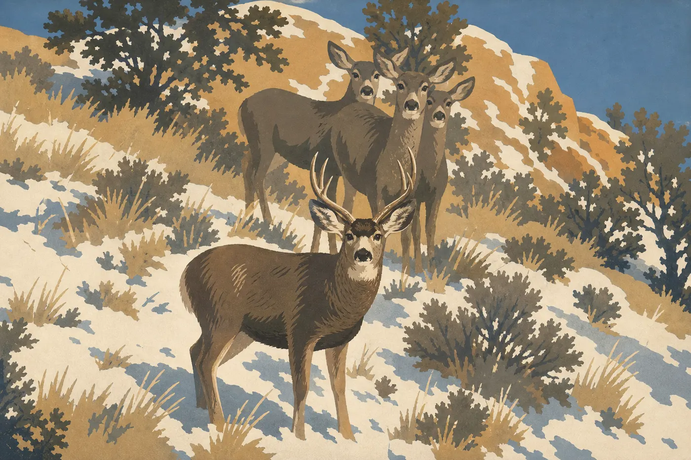 Screen-printed illustration: A mule deer with large ears stands motionless among the junipers in a Badlands ravine.