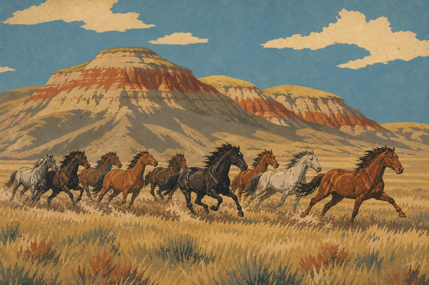Screen-printed illustration: A group of wild horses gallops across shortgrass prairie beneath the buttes of the South Unit.