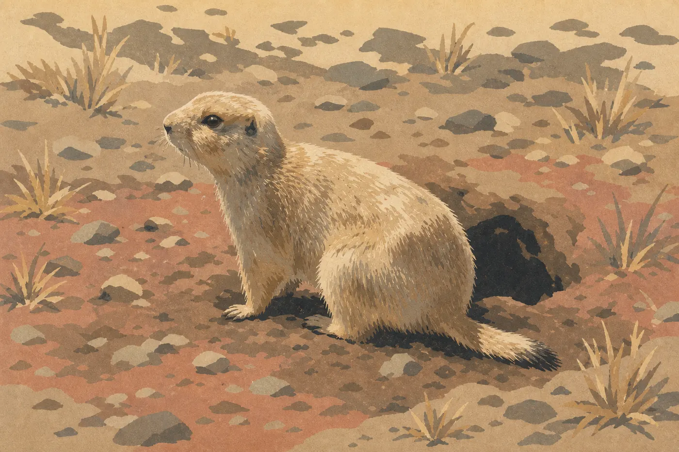 Screen-printed illustration: A black-tailed prairie dog stands upright in front of its burrow at Beef Corral Bottom.