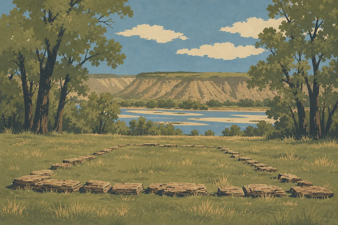 Illustration sérigraphiée : Les fondations du ranch Elkhorn dans leur clairière de peupliers au bord du Little Missouri.