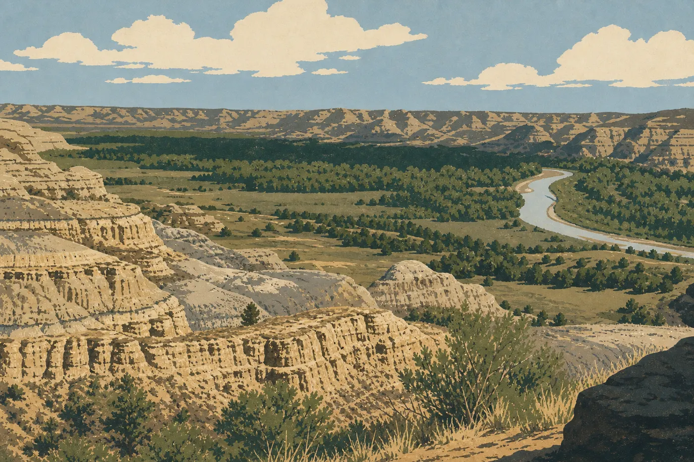 Screen-printed illustration: The golden Badlands of the North Unit beneath large white clouds on a summer afternoon.