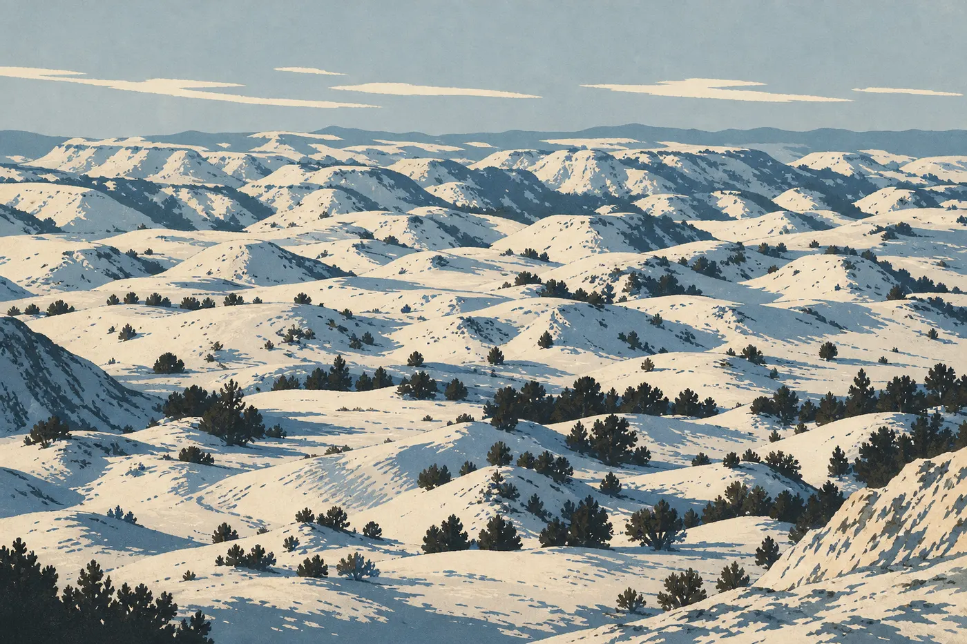 Screen-printed illustration: Snow-covered buttes in Painted Canyon under cold light and a pale winter sky.