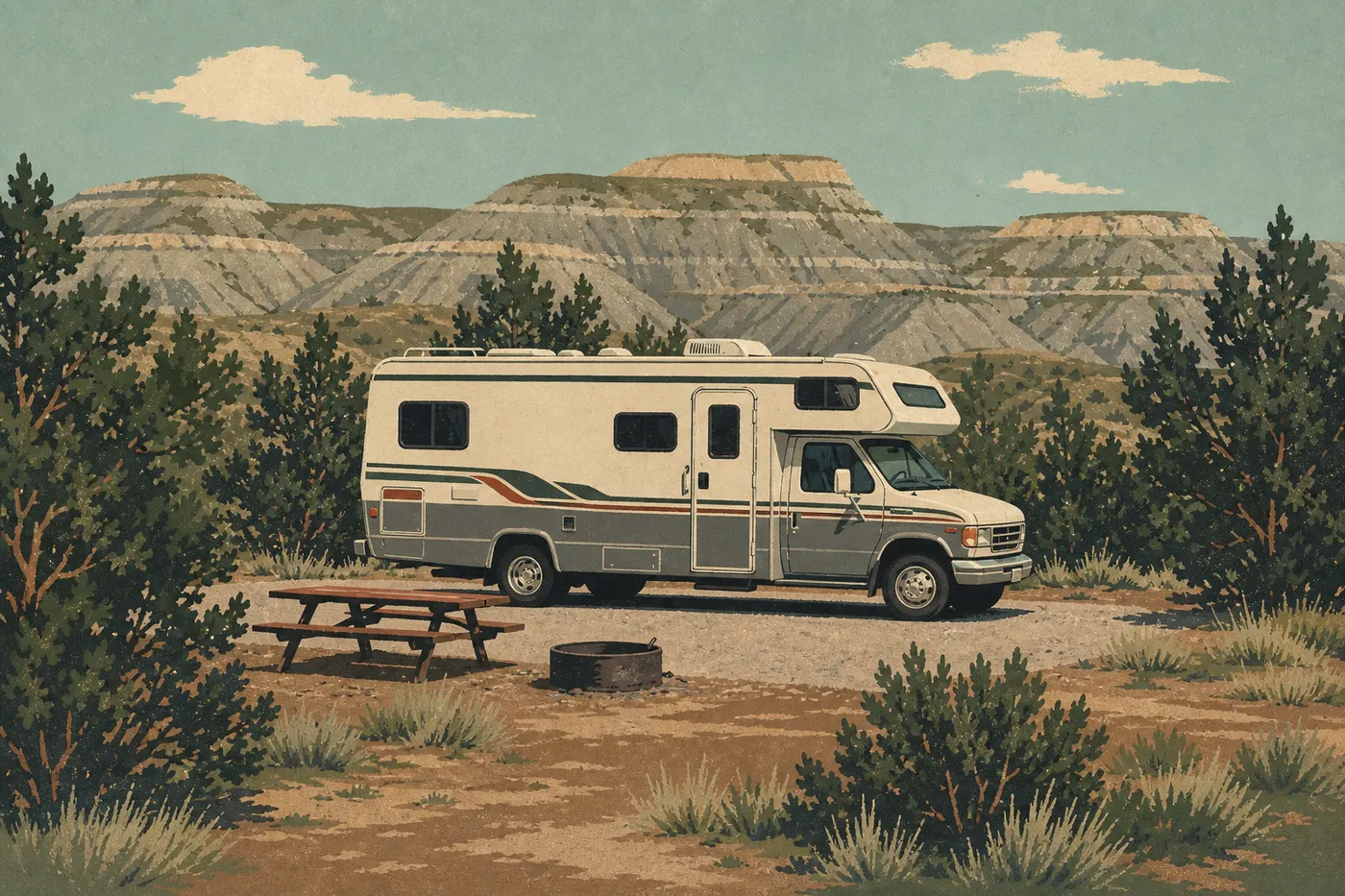 Illustration sérigraphiée : Un camping-car installé parmi les genévriers du Juniper Campground dans la vallée de l'Unité Nord.