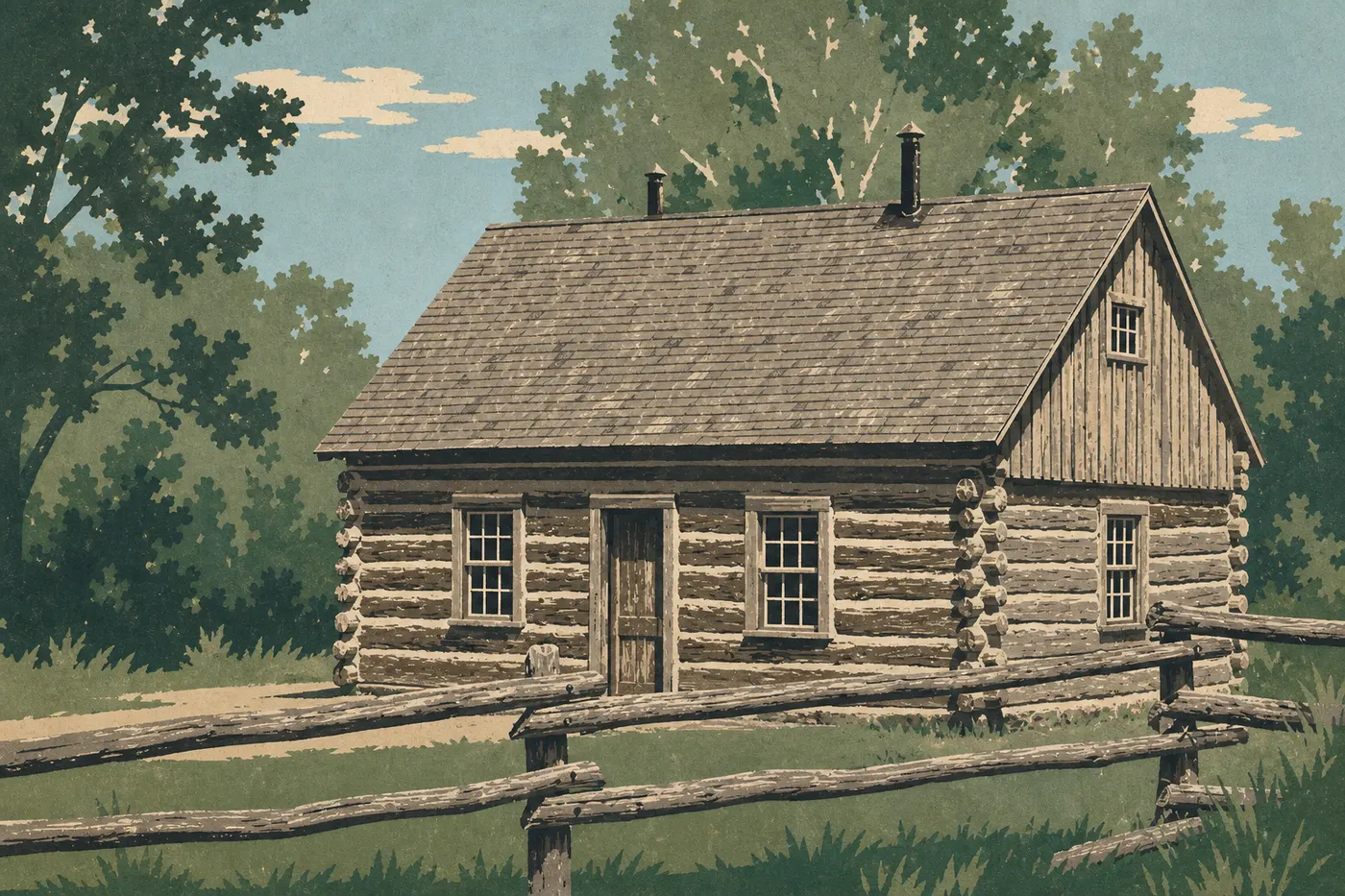 Screen-printed illustration: The Theodore Roosevelt Maltese Cross Cabin behind the South Unit Visitor Center outside Medora.