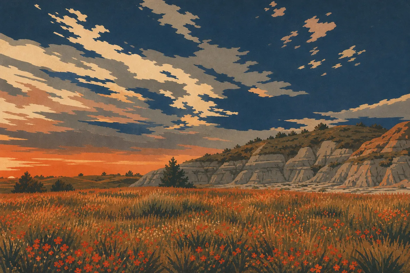 Screen-printed illustration: Spring wildflowers color the meadow before the ridged formations of the South Unit.