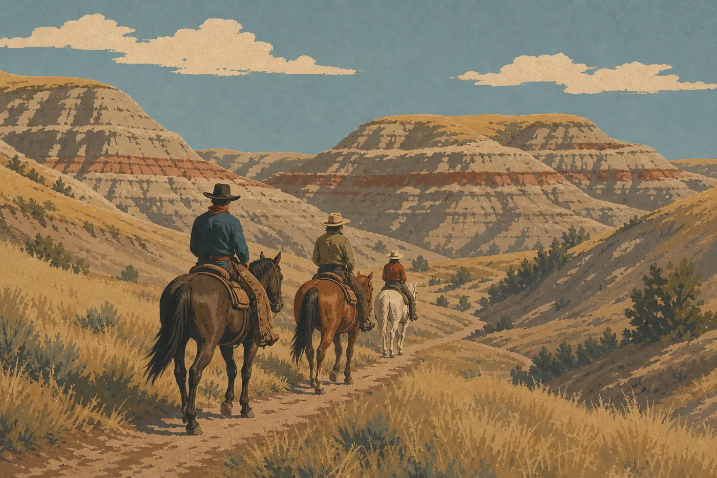 Illustration sérigraphiée : Des cavaliers progressant dans les Badlands près du Roundup Group Horse Camp de l'Unité Sud.