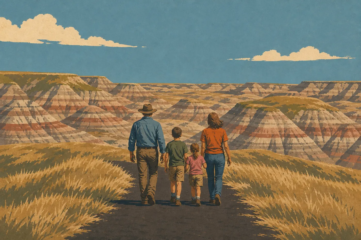 Illustration sérigraphiée : Une famille marchant sur le court sentier pavé de Skyline Vista au sommet de Johnson's Plateau.