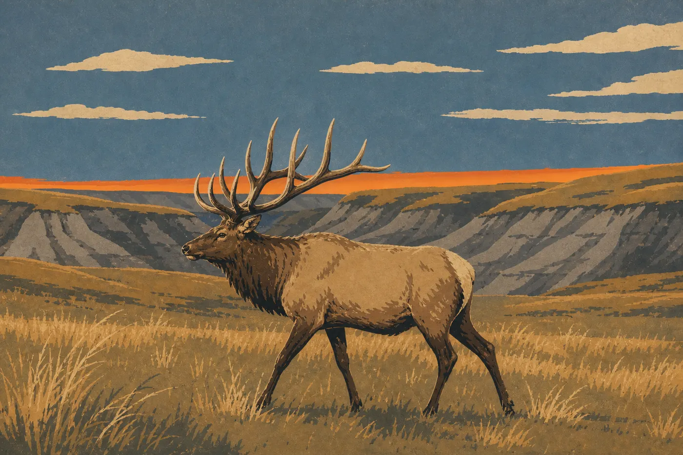 Screen-printed illustration: A bull elk with a large rack crosses the open meadows of the Buck Hill area at dawn.