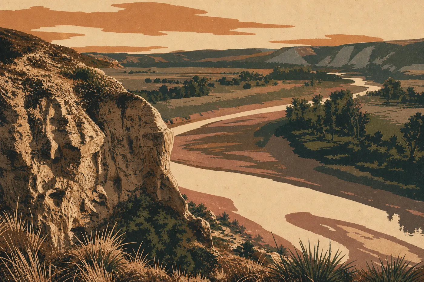 Illustration sérigraphiée : Un promontoire du Wind Canyon Trail dominant les méandres du Little Missouri au coucher du soleil.