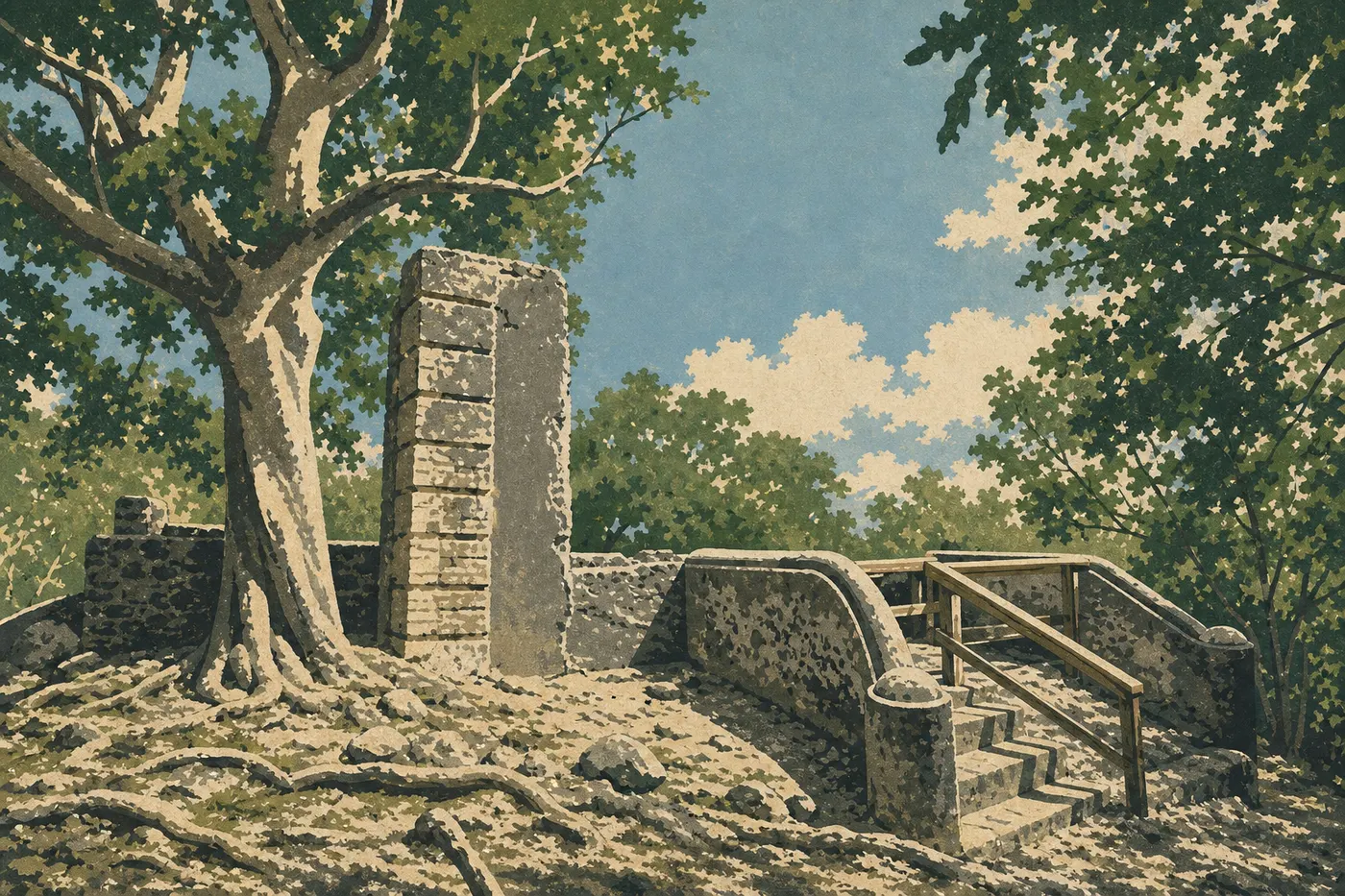 Illustration sérigraphiée : Les murs de pierre et le moulin des ruines sucrières d’Annaberg parmi les palmiers