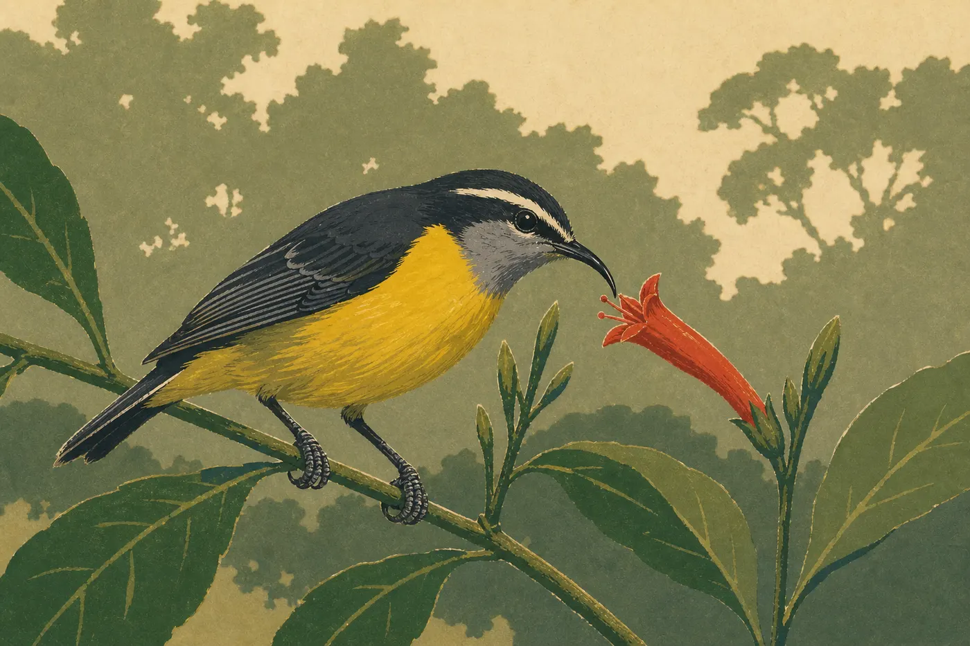 Screen-printed illustration: A yellow-and-black American goldfinch perched on a tropical flower in the national park