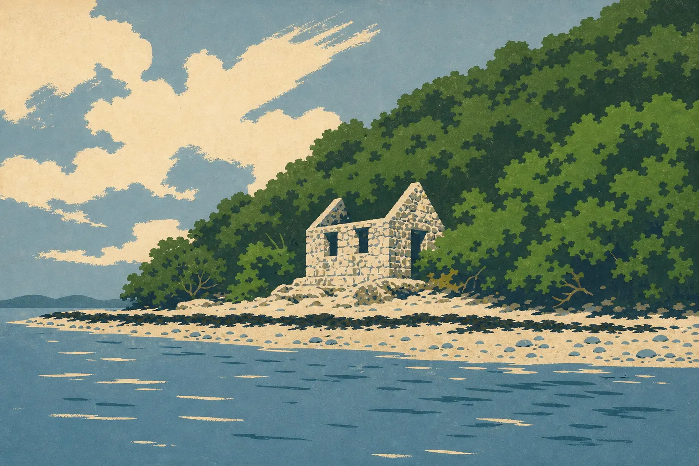 Illustration sérigraphiée : Les bâtiments historiques du Caneel Bay Resort posés entre plage, palmiers et collines boisées