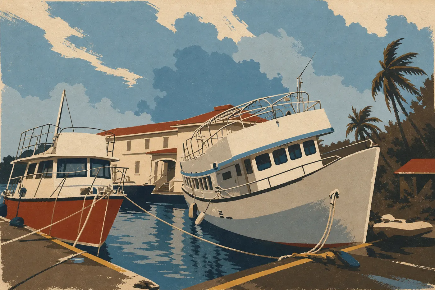 Illustration sérigraphiée : Le débarcadère et le Visitor Center de Cruz Bay accueillant les voyageurs au seuil du parc