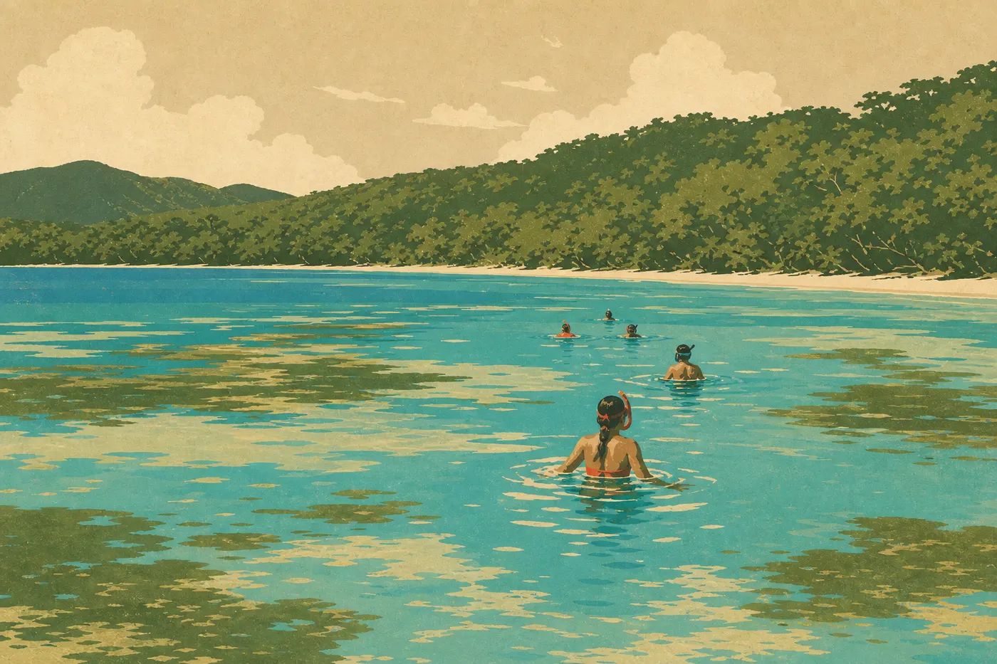 Screen-printed illustration: Visitors swim in the calm waters of Maho Bay under the intense summer sun.