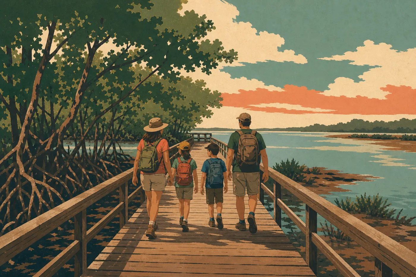 Illustration sérigraphiée : Une famille parcourant le sentier sur passerelle de Francis Bay entre mangrove et étang salé