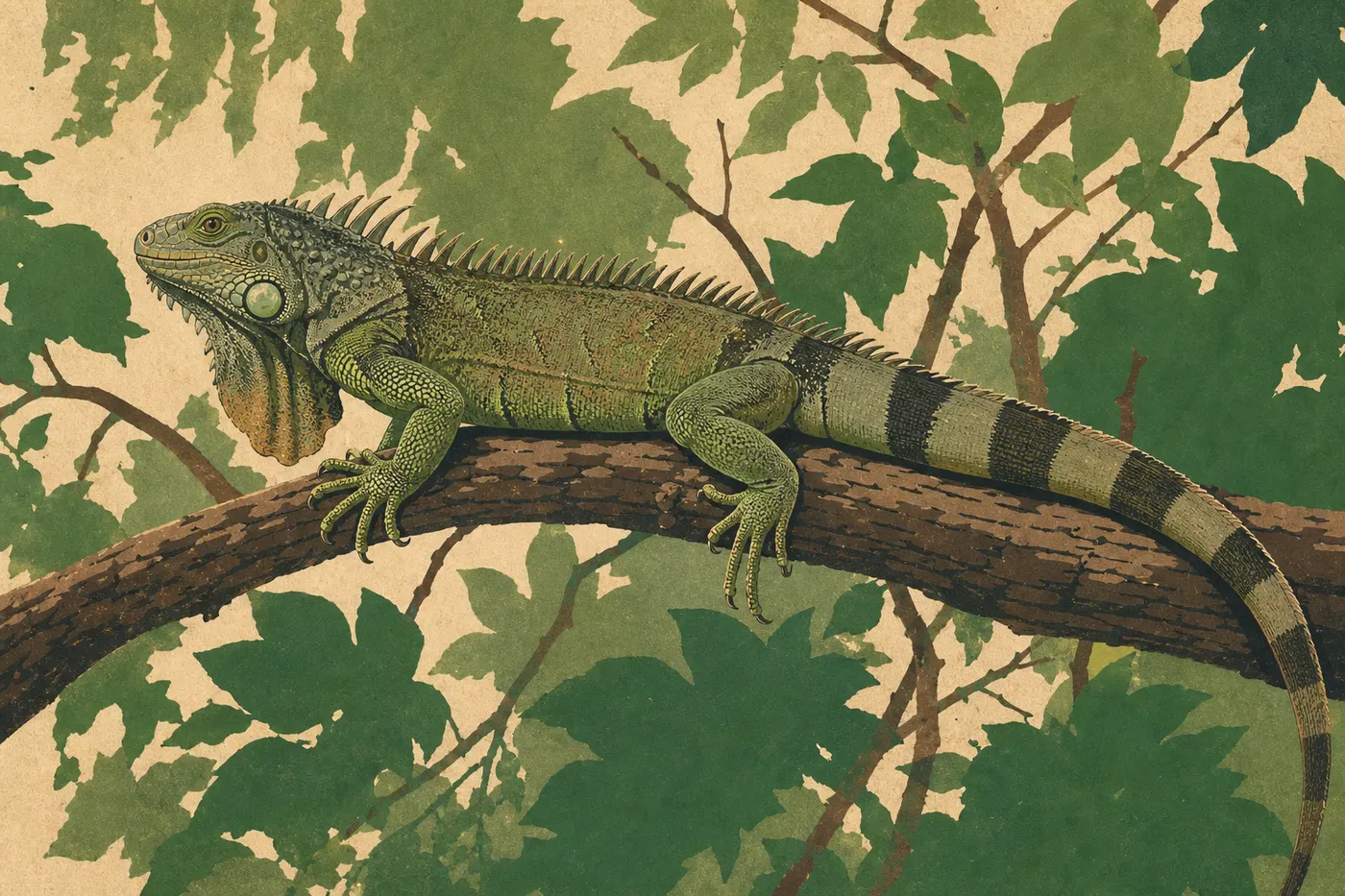 Screen-printed illustration: A green iguana perched on a tropical branch amid the vegetation of St. John