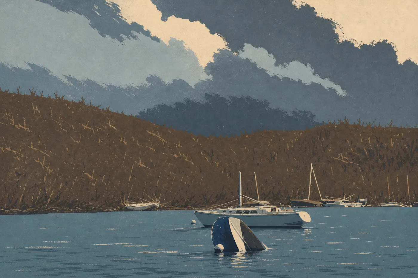 Screen-printed illustration: Heavy tropical clouds approaching Cruz Bay, with boats sheltered before an autumn storm.