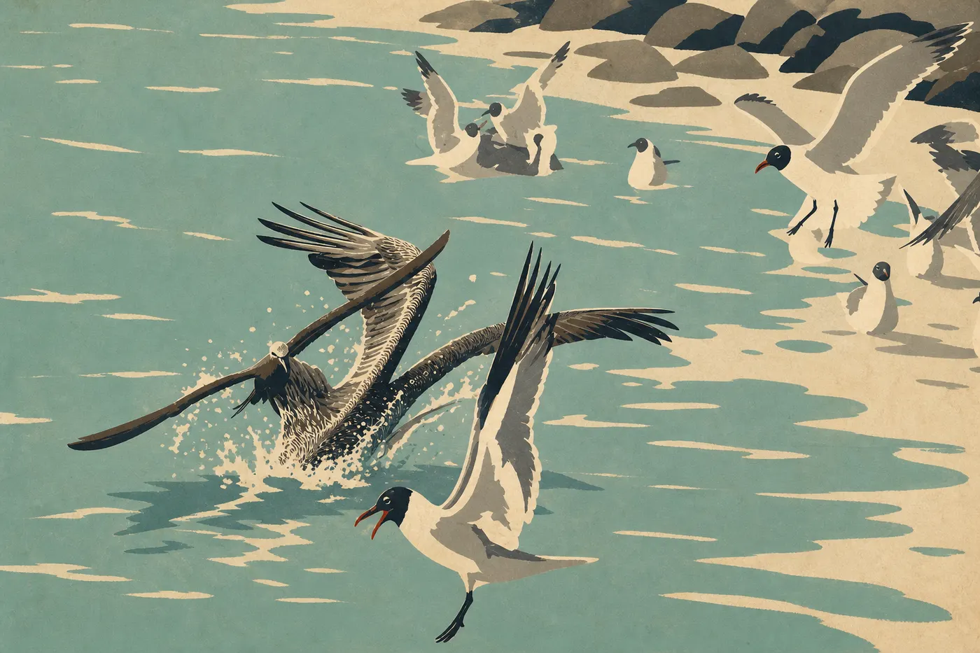 Screen-printed illustration: A brown pelican dives in front of a turquoise bay on the coast of St. John.