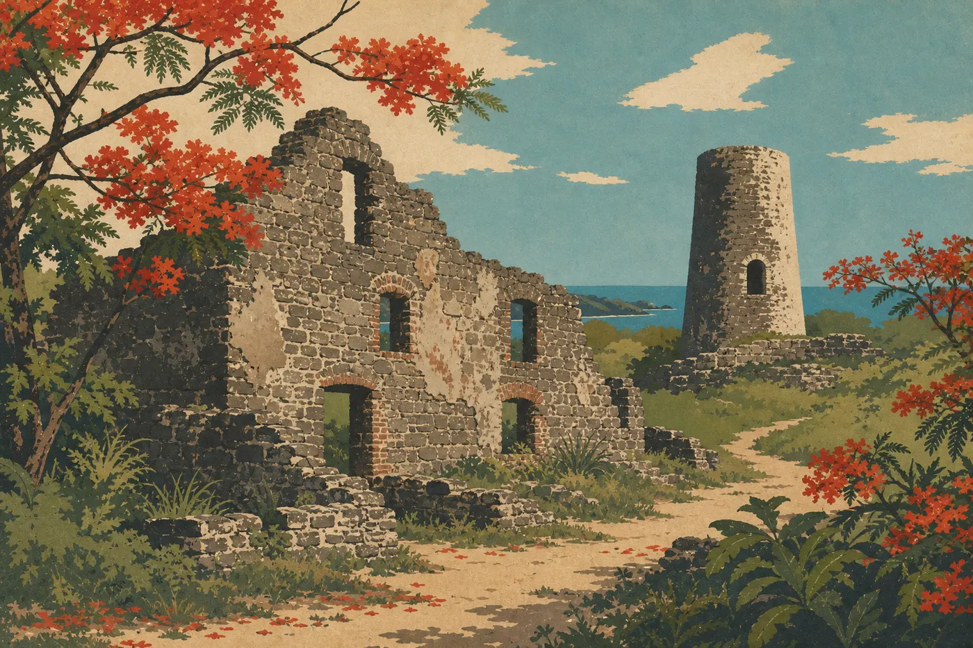 Screen-printed illustration: Annaberg ruins surrounded by flamboyant trees and flowering vegetation during the Caribbean spring