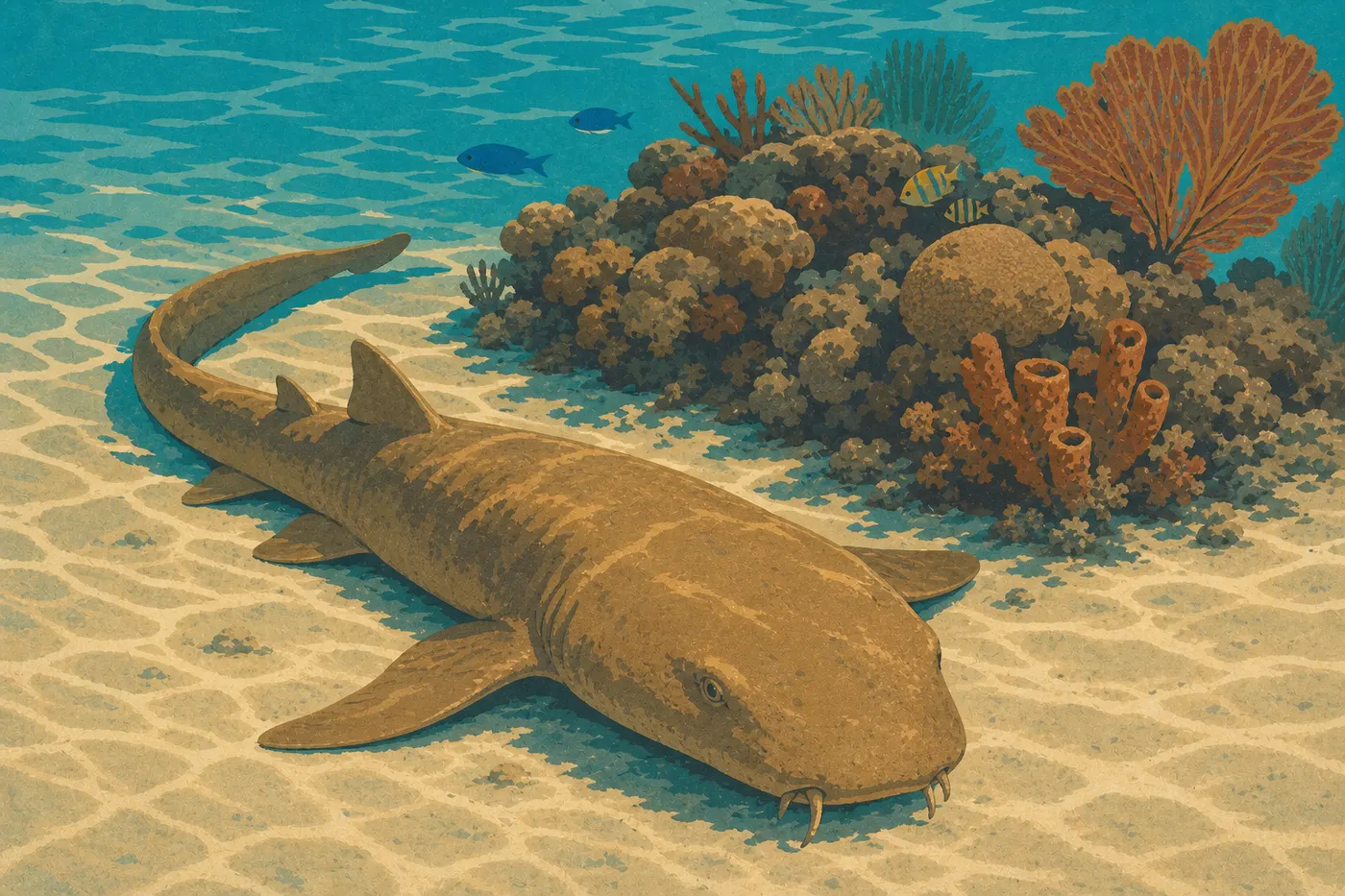 Screen-printed illustration: A nurse shark rests on the sandy bottom near a coral reef off St. John.