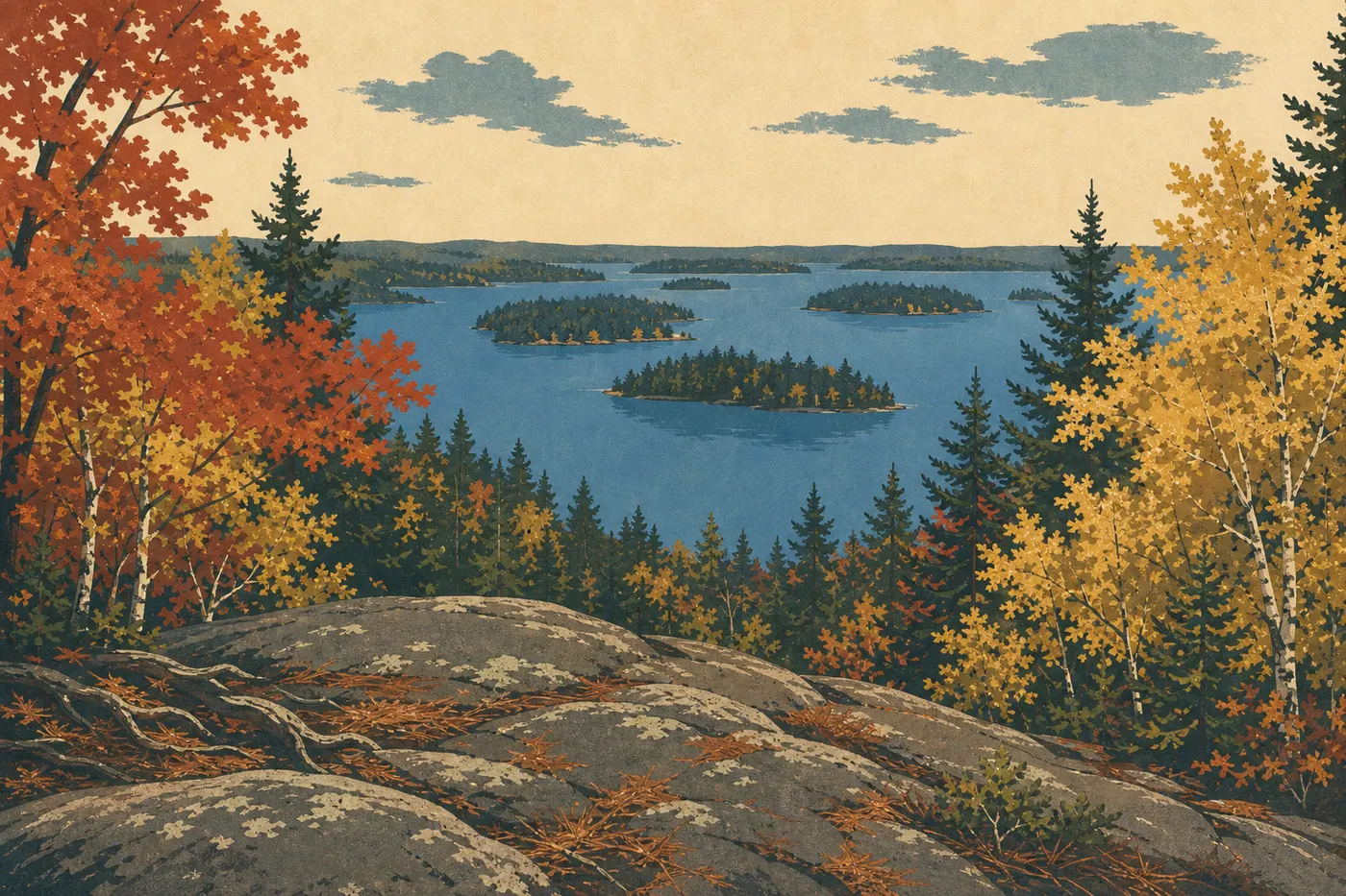 Illustration sérigraphiée : La vue du Blind Ash Bay Trail sur Kabetogama Lake entouré d’érables et bouleaux aux couleurs automnales.