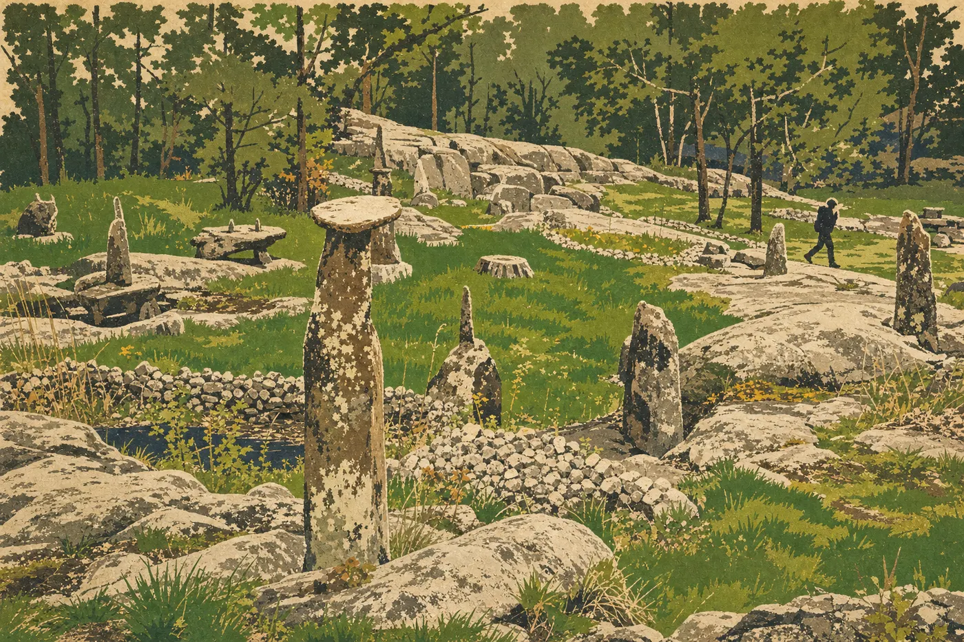 Illustration sérigraphiée : Les sculptures de pierre et terrasses fleuries des Ellsworth Rock Gardens dominant les eaux de Kabetogama Lake.