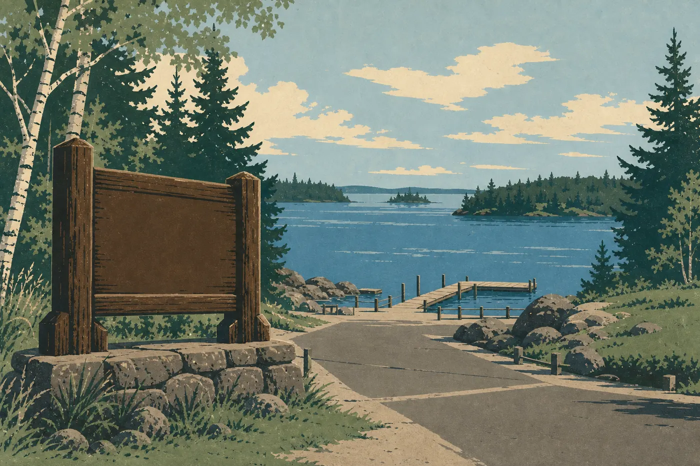 Illustration sérigraphiée : Le panneau de Voyageurs National Park et le débarcadère du Rainy Lake Visitor Center au bord de l’eau.