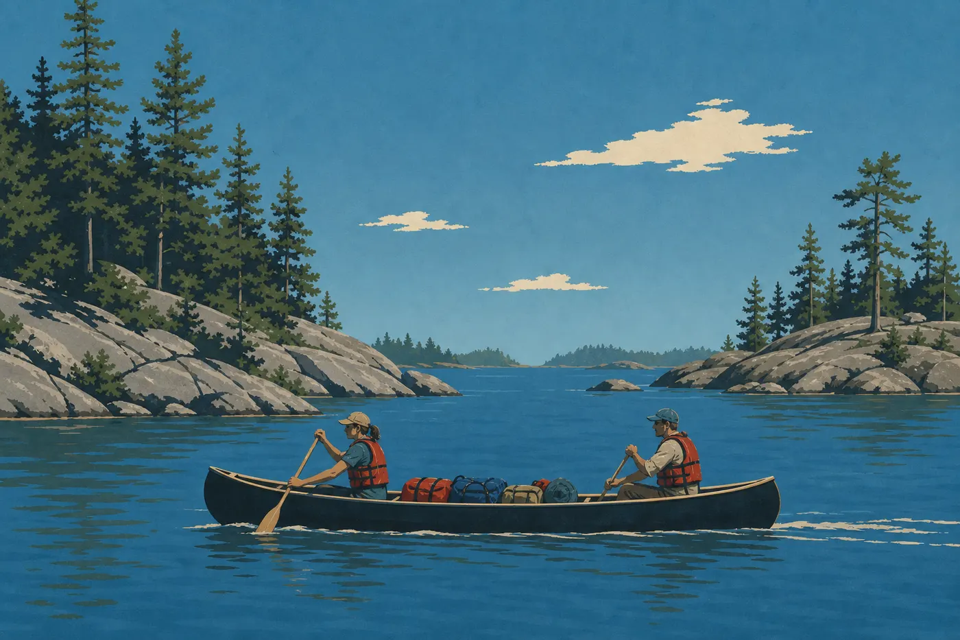 Illustration sérigraphiée : Un canoë chargé glissant entre les îles rocheuses de Namakan Lake par une lumineuse journée d’été.