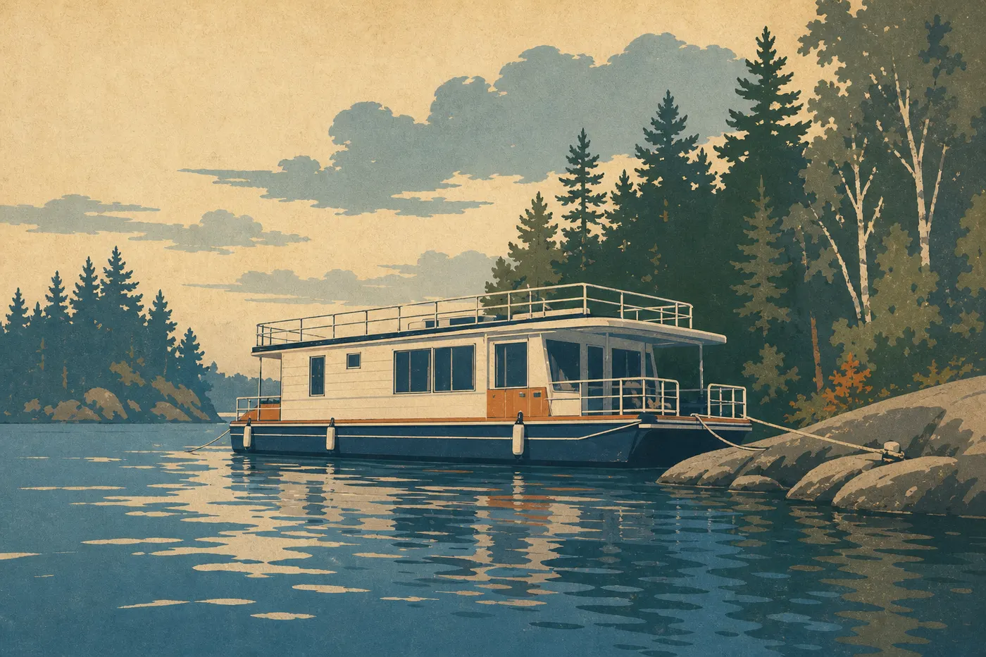 Illustration sérigraphiée : Une péniche aménagée amarrée à un site isolé de Kabetogama Lake, entourée de pins et de rochers.
