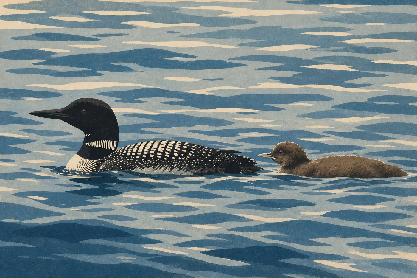 Illustration sérigraphiée : Un plongeon huard accompagné de son poussin sur les eaux profondes et calmes de Namakan Lake.