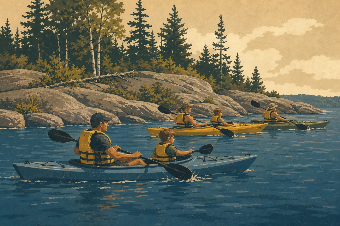 Illustration sérigraphiée : Une famille pagayant en kayak près d’une rive rocheuse et boisée de Kabetogama Lake.