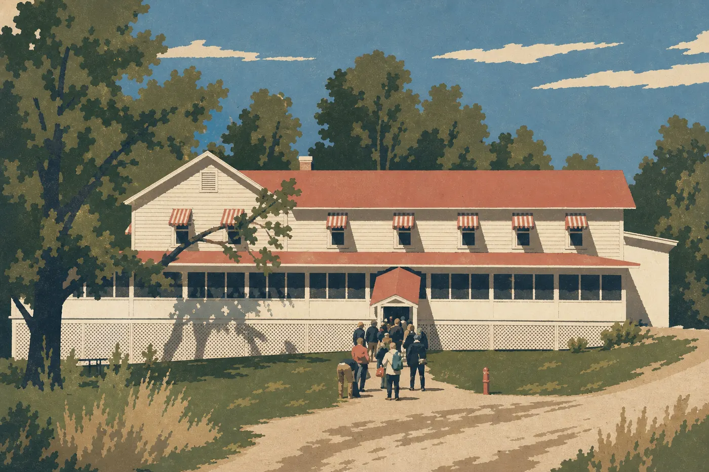 Illustration sérigraphiée : Le Kettle Falls Hotel au toit rouge, isolé entre Namakan Lake et Rainy Lake.