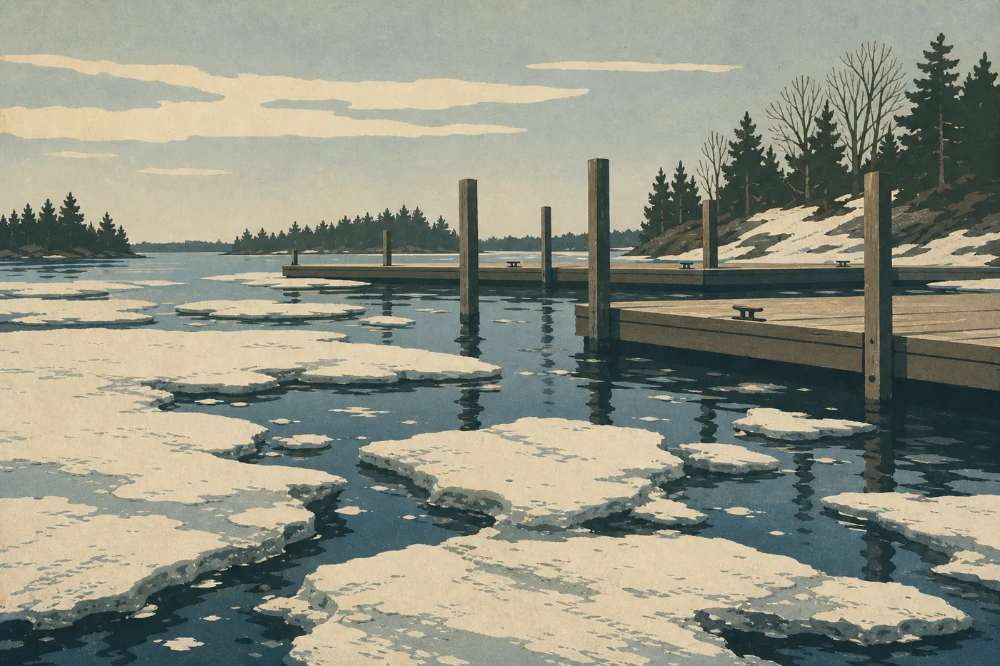Screen-printed illustration: Broken ice drifts past the docks on Rainy Lake during the spring thaw.