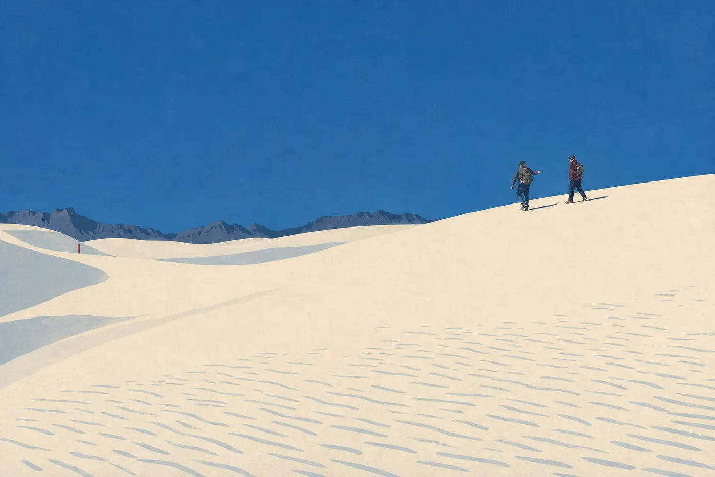 Illustration sérigraphiée : Des randonneurs suivent les poteaux rouges de l’Alkali Flat Trail au cœur du désert blanc.