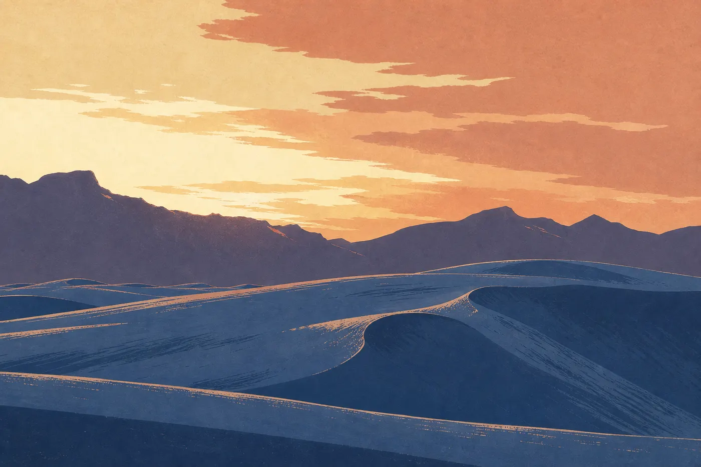 Illustration sérigraphiée : Un coucher de soleil automnal embrase les dunes de gypse et les montagnes de San Andres.