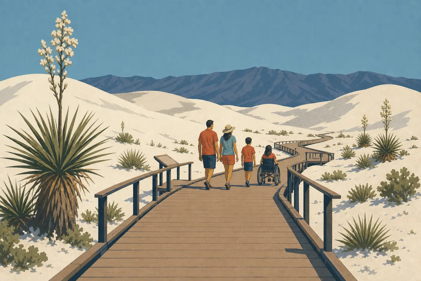 Illustration sérigraphiée : Une famille parcourt l’Interdune Boardwalk accessible parmi les yuccas et les dunes blanches.