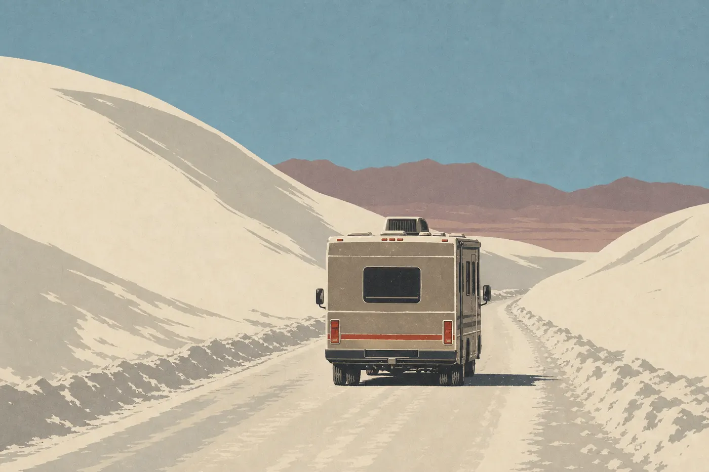 Illustration sérigraphiée : Un camping-car circule sur la portion ensablée de Dunes Drive entre de hautes dunes blanches.